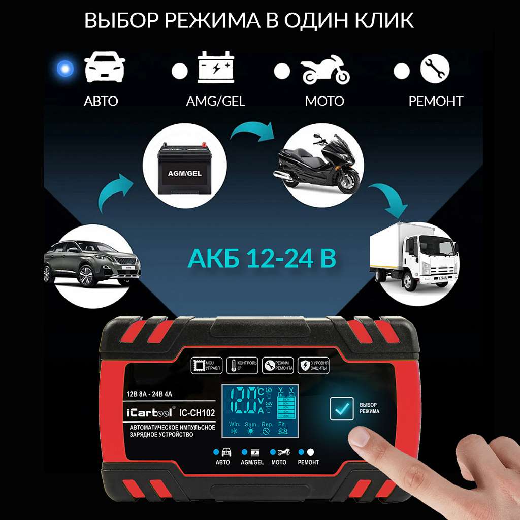 Импульсное зарядное устройство 12/24В с функцией восстановления iCartool IC-CH102 купить в Москва