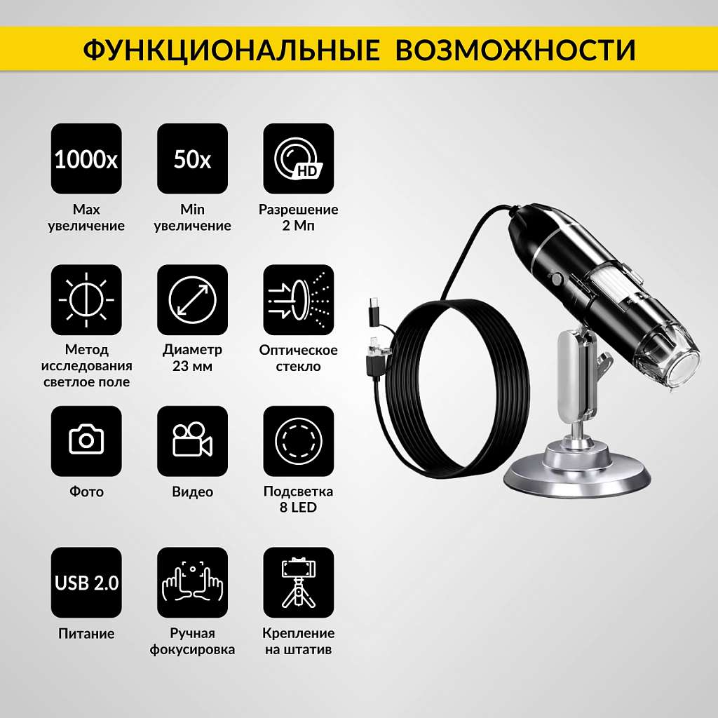 Микроскоп цифровой USB/Micro-USB/Type-C, 2Мп, 1000X, 1920x1080, 1.5м iCartool IC-V317 купить