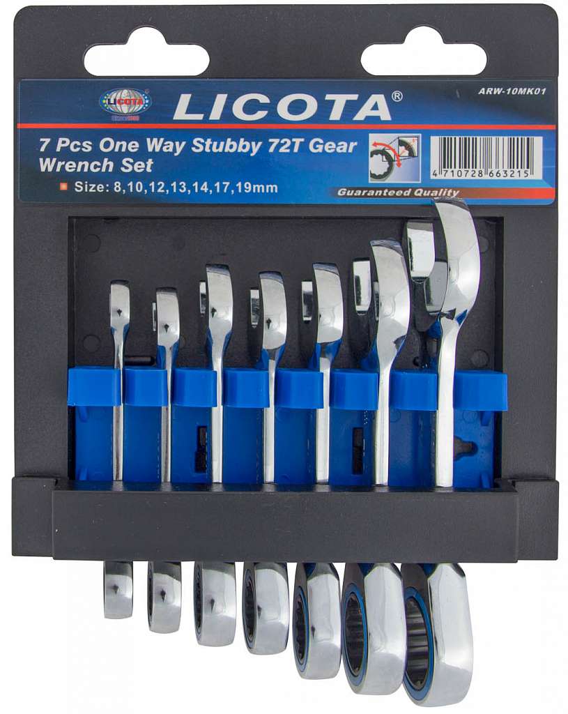 Набор ключей трещоточных комбинированных коротких 72 зуба,  8-19мм, 7 пр., на пластиковом держателе Licota ARW-10MK01 фото