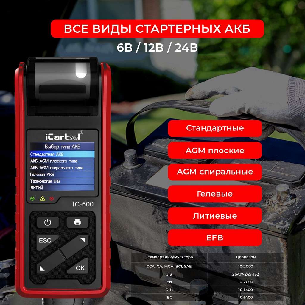 Тестер аккумуляторных батарей (АКБ) 6/12/24V iCartool IC-600 купить